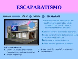 FACHADA RÓTULO ESCAPARATEENTRADA
Es el espacio situado en la fachada del
establecimiento destinado a exhibir
unos productos y servicios que el
establecimiento tiene a la venta.
Atención: llamar la atención de los clientes.
Interés: captar el interés de los clientes como
para que entren y compren.
Deseo: crear el deseo de comprar.
Acción: incitar a que realice la compra.
NUESTRO ESCAPARATE:
• Abierto (se puede ver el interior)
• Productos interesantes y novedosos
• Imagen de prestigio
• Acorde con la época del año (de ocasión)
• Documentario
 