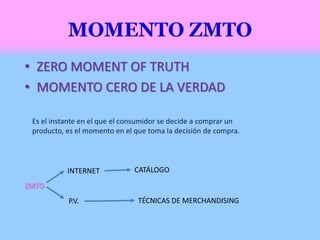 • ZERO MOMENT OF TRUTH
• MOMENTO CERO DE LA VERDAD
Es el instante en el que el consumidor se decide a comprar un
producto, es el momento en el que toma la decisión de compra.
ZMTO
INTERNET
P.V.
CATÁLOGO
TÉCNICAS DE MERCHANDISING
 