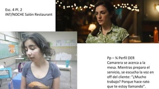 Esc. 4 Pl. 2
INT/NOCHE Salón Restaurant
Pp – ¾ Perfil DER
Camarera se acerca a la
mesa. Mientras prepara el
servicio, se escucha la voz en
off del cliente: “¿Mucho
trabajo? Porque hace rato
que te estoy llamando”.
 