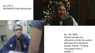 Esc. 4 Pl. 5
INT/NOCHE Salón Restaurant
Pp – Alt. BAJA
Cliente sentado con
referencia a la der de cuadro
del brazo de la camarera
parada. Cliente: “Traeme
unas papas fritas a
caballo…”.
 
