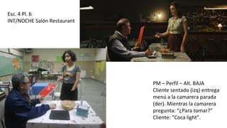 Esc. 4 Pl. 6
INT/NOCHE Salón Restaurant
PM – Perfil – Alt. BAJA
Cliente sentado (izq) entrega
menú a la camarera parada
(der). Mientras la camarera
pregunta: “¿Para tomar?”
Cliente: “Coca light”.
 