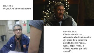 Esc. 4 Pl. 7
INT/NOCHE Salón Restaurant
Pp – Alt. BAJA
Cliente sentado con
referencia a la der de cuadro
del brazo de la camarera
parada. Cliente: “Coca…
light… papas fritas… a
caballo. Querés que te lo
anote?”.
 