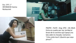 Esc. 5 Pl. 1 II
INT/NOCHE Cocina
Restaurant
PM/PD – Perfil – Ang. CPIC – Alt. BAJA
Entra en cuadro por izq. (arriba) el
brazo de la cocinera que apoya una
lata sobre la mesada. Camarera:
“¿Vos estás loca? ¿Querés que vaya
presa?”.
 