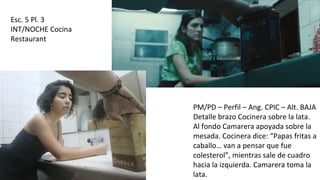 Esc. 5 Pl. 3
INT/NOCHE Cocina
Restaurant
PM/PD – Perfil – Ang. CPIC – Alt. BAJA
Detalle brazo Cocinera sobre la lata.
Al fondo Camarera apoyada sobre la
mesada. Cocinera dice: “Papas fritas a
caballo… van a pensar que fue
colesterol”, mientras sale de cuadro
hacia la izquierda. Camarera toma la
lata.
 
