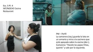 Esc. 5 Pl. 4
INT/NOCHE Cocina
Restaurant
PM – Perfil
La camarera (izq.) guarda la lata en
un armario y mira a la cocinera que
está apoyada sobre la cocina (der.).
Camarera: “Hacele las papas fritas,
querés” y sale por la izquierda.
 