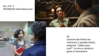 Esc. 2 Pl. 3
INT/NOCHE Salón Restaurant
Pp
Camarera de frente con
referencia ½ espalda cliente,
pregunta: “¿Mesa para
uno?”. Lo mira y cambia el
gesto al reconocerlo.
 