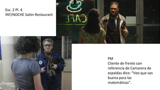 Esc. 2 Pl. 4
INT/NOCHE Salón Restaurant
PM
Cliente de frente con
referencia de Camarera de
espaldas dice: “Veo que sos
buena para las
matemáticas”.
 