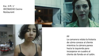 Esc. 3 Pl. 1 I
INT/NOCHE Cocina
Restaurant
PP
La camarera relata la historia
de cómo conoce al cliente
mientras la cámara panea
hacia la izquierda para
incorporar en cuadro al
cliente de fondo en el salón.
 