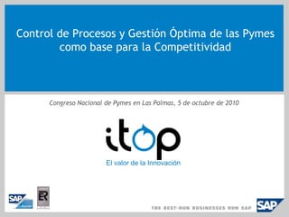 Control de Procesos y Gestión Óptima de las Pymes como base para la Competitividad Congreso Nacional de Pymes en Las Palmas, 5 de octubre de 2010 El valor de la Innovación 
