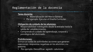 Reglamentación de la docencia
Tarea docente:
• Materialización del Marco General.
• Por ejemplo: Ejecutar el Diseño Curricular.
Obligación de cuidado de los alumnos:
• Responsabilidad indelegable desde la entrada hasta la
salida del establecimiento.
• Comprende el cuidado del aprendizaje, corporal y
psicológico del alumnado.
Prohibiciones:
Enmarcan todas las actividades-acciones que generen
reacciones- respuestas negativas en los alumnos y su
entorno.
• Por ejemplo: Descalificar- agredir- calumniar
 