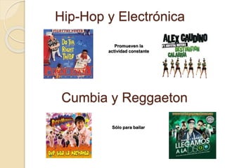 Hip-Hop y Electrónica 
Promueven la 
actividad constante 
Cumbia y Reggaeton 
Sólo para bailar 
 
