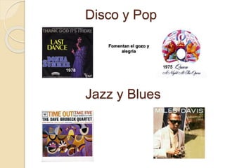 Disco y Pop 
1978 
1975 
Fomentan el gozo y 
alegría 
Jazz y Blues 
 