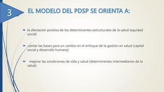  la afectación positiva de los determinantes estructurales de la salud (equidad
social)
 sentar las bases para un cambio en el enfoque de la gestión en salud (capital
social y desarrollo humano)
 mejorar las condiciones de vida y salud (determinantes intermediarios de la
salud).
 