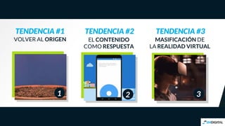 EL CONTENIDO
COMO RESPUESTA
TENDENCIA #2
VOLVER AL ORIGEN
TENDENCIA #1
MASIFICACIÓN DE
LA REALIDAD VIRTUAL
TENDENCIA #3
1 ...