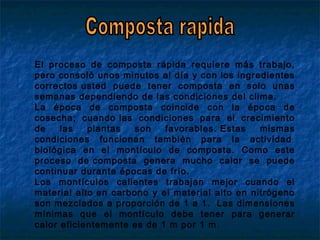 El proceso de composta rápida requiere más trabajo,
pero consoló unos minutos al día y con los ingredientes
correctos usted puede tener composta en solo unas
semanas dependiendo de las condiciones del clima.
La época de composta coincide con la época de
cosecha; cuando las condiciones para el crecimiento
de las plantas son favorables. Estas mismas
condiciones funcionan también para la actividad 
biológica en el montículo de composta. Como este
proceso de composta genera mucho calor se puede
continuar durante épocas de frío.
Los montículos calientes trabajan mejor cuando el
material alto en carbono y el material alto en nitrógeno
son mezclados a proporción de 1 a 1.  Las dimensiones
mínimas que el montículo debe tener para generar
calor eficientemente es de 1 m por 1 m.
 