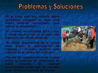 Si el clima está muy caliente habrá
demasiado nitrógeno, en este caso
añada material carbonizado para
reducir la temperatura
El proceso de composta lenta o fría,
a veces tiende a ser un proceso más
acelerado en climas calientes.
Si añade desperdicios de la cocina
para evitar la propagación de
insectos y moscas, entierre este
material en el centro del montículo
Revise las reglamentaciones locales
sobre la creación de compostas en
áreas urbanas. En algunas
comunidades puede que se requiera
tener envases a prueba de ratones.
 