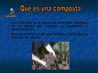 Una composta es la mezcla de materiales orgánicos,
de tal manera que fomenten su degradación y
descomposición.
El producto final se usa para fertilizar y enriquecer la
tierra de los cultivos.
 
