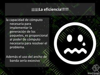 ¡¡¡¡¡La eficiencia!!!!!la capacidad de cómputo necesaria para implementar la generación de los paquetes, es proporcional al poder de cómputo necesaria para resolver el problema.Además el uso del ancho de banda sería excesivo