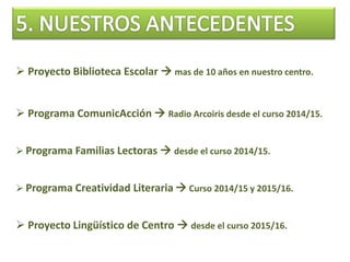 Proyecto Biblioteca Escolar  mas de 10 años en nuestro centro.
 Programa ComunicAcción  Radio Arcoiris desde el curso 2014/15.
 Programa Familias Lectoras  desde el curso 2014/15.
 Programa Creatividad Literaria  Curso 2014/15 y 2015/16.
 Proyecto Lingüístico de Centro  desde el curso 2015/16.
 