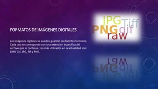 FORMATOS DE IMÁGENES DIGITALES
Las imágenes digitales se pueden guardar en distintos formatos.
Cada uno se corresponde con una extensión específica del
archivo que lo contiene. Los más utilizados en la actualidad son:
BMP, GIF, JPG, TIF y PNG.
 