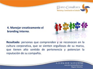 4. Manejar creativamente el branding interno . Resultado : personas que comprenden y se reconocen en la cultura corporativa, que se sienten orgullosos de su marca, que tienen alto sentido de pertenencia y potencian la reputación de su compañía. 