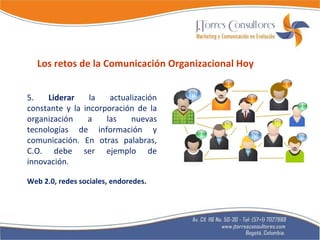 5.  Liderar  la actualización constante y la incorporación de la organización a las nuevas tecnologías de información y comunicación. En otras palabras, C.O. debe ser ejemplo de innovación . Web 2.0, redes sociales, endoredes. Los retos de la Comunicación Organizacional Hoy 