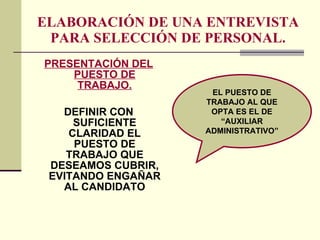 ELABORACIÓN DE UNA ENTREVISTA PARA SELECCIÓN DE PERSONAL. PRESENTACIÓN DEL PUESTO DE TRABAJO. DEFINIR CON SUFICIENTE CLARIDAD EL PUESTO DE TRABAJO QUE DESEAMOS CUBRIR, EVITANDO ENGAÑAR AL CANDIDATO EL PUESTO DE TRABAJO AL QUE OPTA ES EL DE “AUXILIAR ADMINISTRATIVO” 