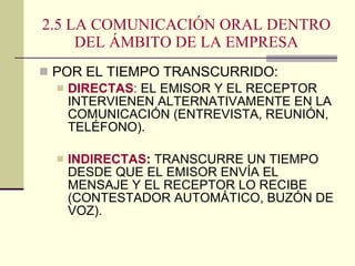 2.5 LA COMUNICACIÓN ORAL DENTRO DEL ÁMBITO DE LA EMPRESA POR EL TIEMPO TRANSCURRIDO: DIRECTAS :  EL EMISOR Y EL RECEPTOR INTERVIENEN ALTERNATIVAMENTE EN LA COMUNICACIÓN (ENTREVISTA, REUNIÓN, TELÉFONO). INDIRECTAS :  TRANSCURRE UN TIEMPO DESDE QUE EL EMISOR ENVÍA EL MENSAJE Y EL RECEPTOR LO RECIBE (CONTESTADOR AUTOMÁTICO, BUZÓN DE VOZ). 