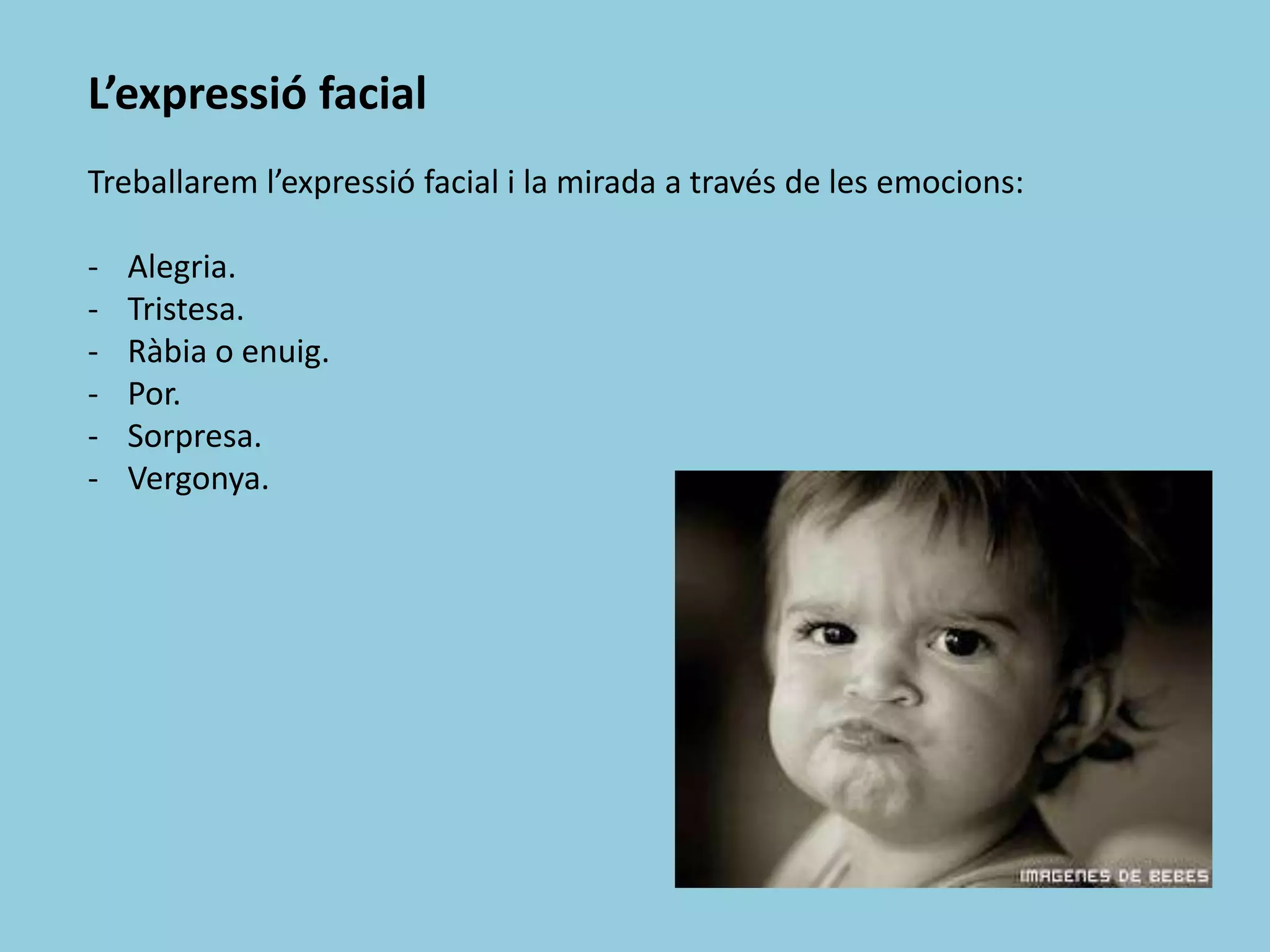 L’expressió facial
Treballarem l’expressió facial i la mirada a través de les emocions:
-

Alegria.
Tristesa.
Ràbia o enuig.
Por.
Sorpresa.
Vergonya.

 