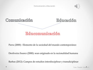 Comunicación y Educación
Lina Piedad Gómez S
Parra (2000) : Elemento de la sociedad del mundo contemporáneo
Deoliveira Soarez (2000): sean originado en la racionalidad humana
Barbas (2012): Campos de estudios interdisciplinar y transdiciplinar
 