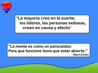 “La mayoría cree en la suerte;
      los lideres, las personas exitosas,
        creen en causa y efecto”



“La mente es como un paracaídas:
Para que funcione tiene que estar abierta.”
                                   Albert Einsten
 