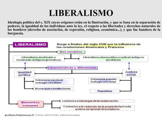 LIBERALISMO <ul><li>Ideología política del s. XIX cuyos orígenes están en la Ilustración, y que se basa en la separación d...
