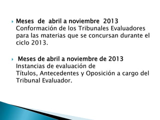    Meses de abril a noviembre 2013
    Conformación de los Tribunales Evaluadores
    para las materias que se concursan durante el
    ciclo 2013.

    Meses de abril a noviembre de 2013
    Instancias de evaluación de
    Títulos, Antecedentes y Oposición a cargo del
    Tribunal Evaluador.
 
