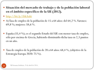  Situación del mercado de trabajo y de la población laboral
en el ámbito específico de la UE (2012).
 http://bit.ly/1bkAoki
 A)Tasa de empleo de la población de 15 a 64 años: del 64,2 %.Varones:
69,8 %; mujeres: 58,6 %.
 España (55,4 %); es el segundo Estado del UE con menor tasa de empleo,
sólo por encima de Grecia, habiendo disminuido dicha tasa en 2,3 puntos
en un año.
 Tasa de empleo de la población de 20 a 64 años: 68,4 %, (objetivo de la
Estrategia Europa 2020: 75 %).
XII Semana Solidaria. 23 de abril de 2014.19
 