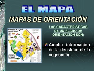Amplia información
de la densidad de la
vegetación.
MAPAS DE ORIENTACIÓN
LAS CARACTERÍSTICAS
DE UN PLANO DE
ORIENTACIÓN SON:
 