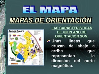 Unas líneas que
cruzan de abajo a
arriba que
representan la
dirección del norte
magnético.
MAPAS DE ORIENTACIÓN
LAS CARACTERÍSTICAS
DE UN PLANO DE
ORIENTACIÓN SON:
 