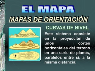 Este sistema consiste
en la proyección de
unos cortes
horizontales del terreno
en una serie de planos,
paralelos entre sí, a la
misma distancia.
MAPAS DE ORIENTACIÓN
CURVAS DE NIVEL
 