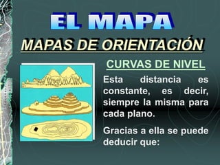 Esta distancia es
constante, es decir,
siempre la misma para
cada plano.
Gracias a ella se puede
deducir que:
MAPAS DE ORIENTACIÓN
CURVAS DE NIVEL
 