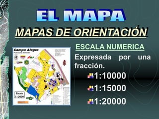 ESCALA NUMERICA
Expresada por una
fracción.
1:10000
1:15000
1:20000
MAPAS DE ORIENTACIÓN
 