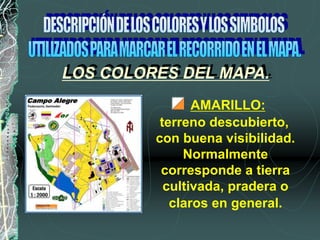 AMARILLO:
terreno descubierto,
con buena visibilidad.
Normalmente
corresponde a tierra
cultivada, pradera o
claros en general.
LOS COLORES DEL MAPA.
 