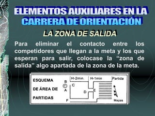 LA ZONA DE SALIDA
Para eliminar el contacto entre los
competidores que llegan a la meta y los que
esperan para salir, colocase la “zona de
salida” algo apartada de la zona de la meta.
 