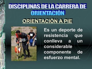 ORIENTACIÓN A PIE
Es un deporte de
resistencia que
conlleva a un
considerable
componente de
esfuerzo mental.
 