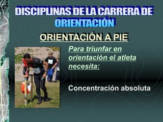 Concentración absoluta
Para triunfar en
orientación el atleta
necesita:
ORIENTACIÓN A PIE
 