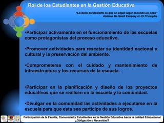 “Lo bello del desierto es que en algún lugar esconde un pozo”
Antoine De Saint Exupery en El Principito
Rol de los Estudiantes en la Gestión Educativa
•Participar activamente en el funcionamiento de las escuelas
como protagonistas del proceso educativo.
•Promover actividades para rescatar su identidad nacional y
cultural y la preservación del ambiente.
•Comprometerse con el cuidado y mantenimiento de
infraestructura y los recursos de la escuela.
•Participar en la planificación y diseño de los proyectos
educativos que se realicen en la escuela y la comunidad.
•Divulgar en la comunidad las actividades a ejecutarse en la
escuela para que esta sea partícipe de sus logros.
Participación de la Familia, Comunidad y Estudiantes en la Gestión Educativa hacia la calidad Educacional
¿Obligación o Necesidad?
 