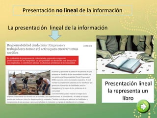 Presentación no lineal de la información

La presentación lineal de la información




                                      Presentación lineal
                                       la representa un
                                             libro
 
