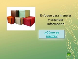 Enfoque para manejar
     y organizar
    información

  ¿Cómo se
   realiza?
 