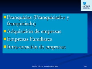 Franquicias (Franquiciador y franquiciado) Adquisición de empresas Empresas Familiares Intra-creación de empresas 