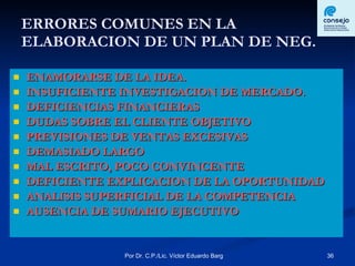 ERRORES COMUNES EN LA ELABORACION DE UN PLAN DE NEG. ENAMORARSE DE LA IDEA. INSUFICIENTE INVESTIGACION DE MERCADO. DEFICIENCIAS FINANCIERAS DUDAS SOBRE EL CLIENTE OBJETIVO PREVISIONES DE VENTAS EXCESIVAS DEMASIADO LARGO MAL ESCRITO, POCO CONVINCENTE DEFICIENTE EXPLICACION DE LA OPORTUNIDAD ANALISIS SUPERFICIAL DE LA COMPETENCIA AUSENCIA DE SUMARIO EJECUTIVO  