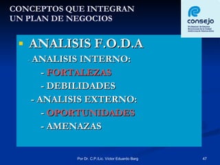 CONCEPTOS QUE INTEGRAN  UN PLAN DE NEGOCIOS ANALISIS F.O.D.A -  ANALISIS INTERNO: -  FORTALEZAS - DEBILIDADES - ANALISIS EXTERNO: -  OPORTUNIDADES - AMENAZAS 