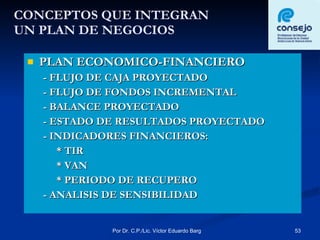 CONCEPTOS QUE INTEGRAN  UN PLAN DE NEGOCIOS PLAN ECONOMICO-FINANCIERO - FLUJO DE CAJA PROYECTADO - FLUJO DE FONDOS INCREMENTAL - BALANCE PROYECTADO - ESTADO DE RESULTADOS PROYECTADO - INDICADORES FINANCIEROS: * TIR  * VAN * PERIODO DE RECUPERO  - ANALISIS DE SENSIBILIDAD 